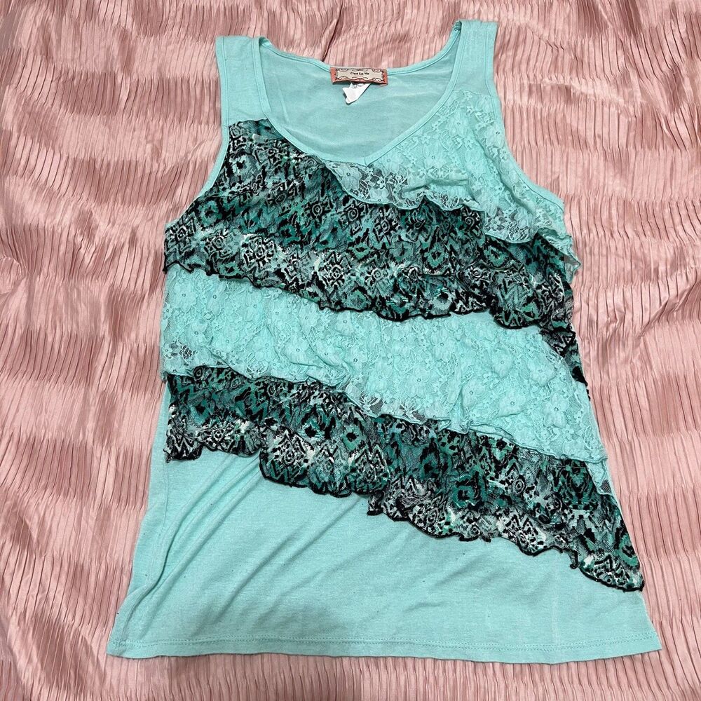 Vintage Y2k C’est La Vie Team Tank Top With Lace Overlays Size S Made In USA